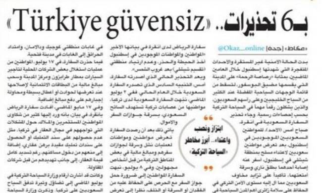 suudi arabistan gazetesinde turkce manset turkiye guvensiz